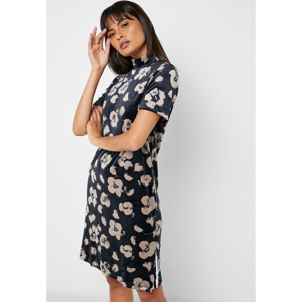 ADIDAS Black Cream Floral Print Velvet Velour Short Sleeve Tri-Fold Dress Small